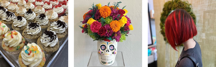 Collage of cupckes, flowers in a skull vase, and colored hair