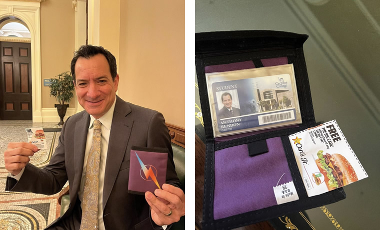 Collage of Speaker Rendon holding wallet and coupon, and close-up of wallet