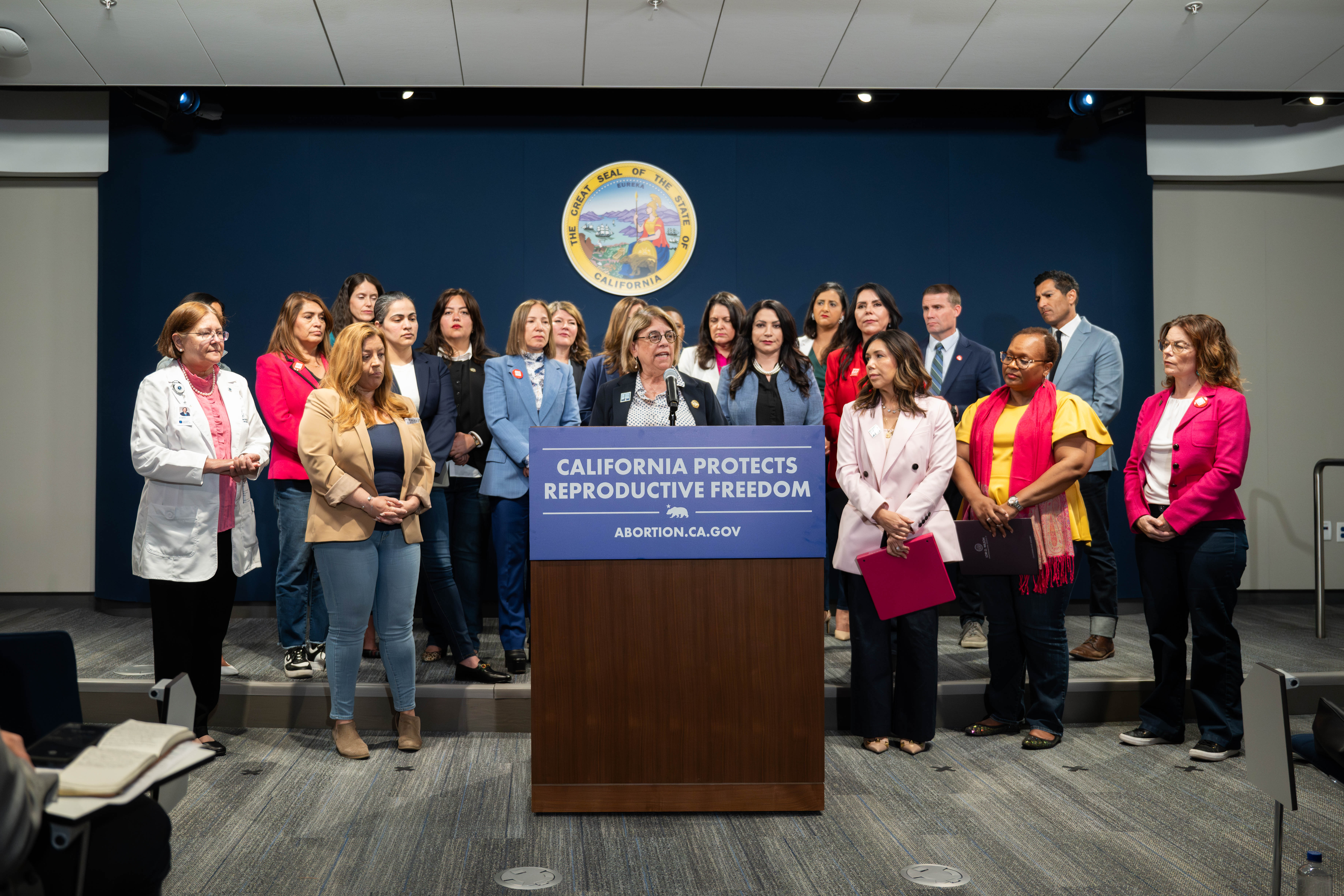 Speaker Rivas with Governor Newsom and colleagues at a press conference on reproductive freedom in April