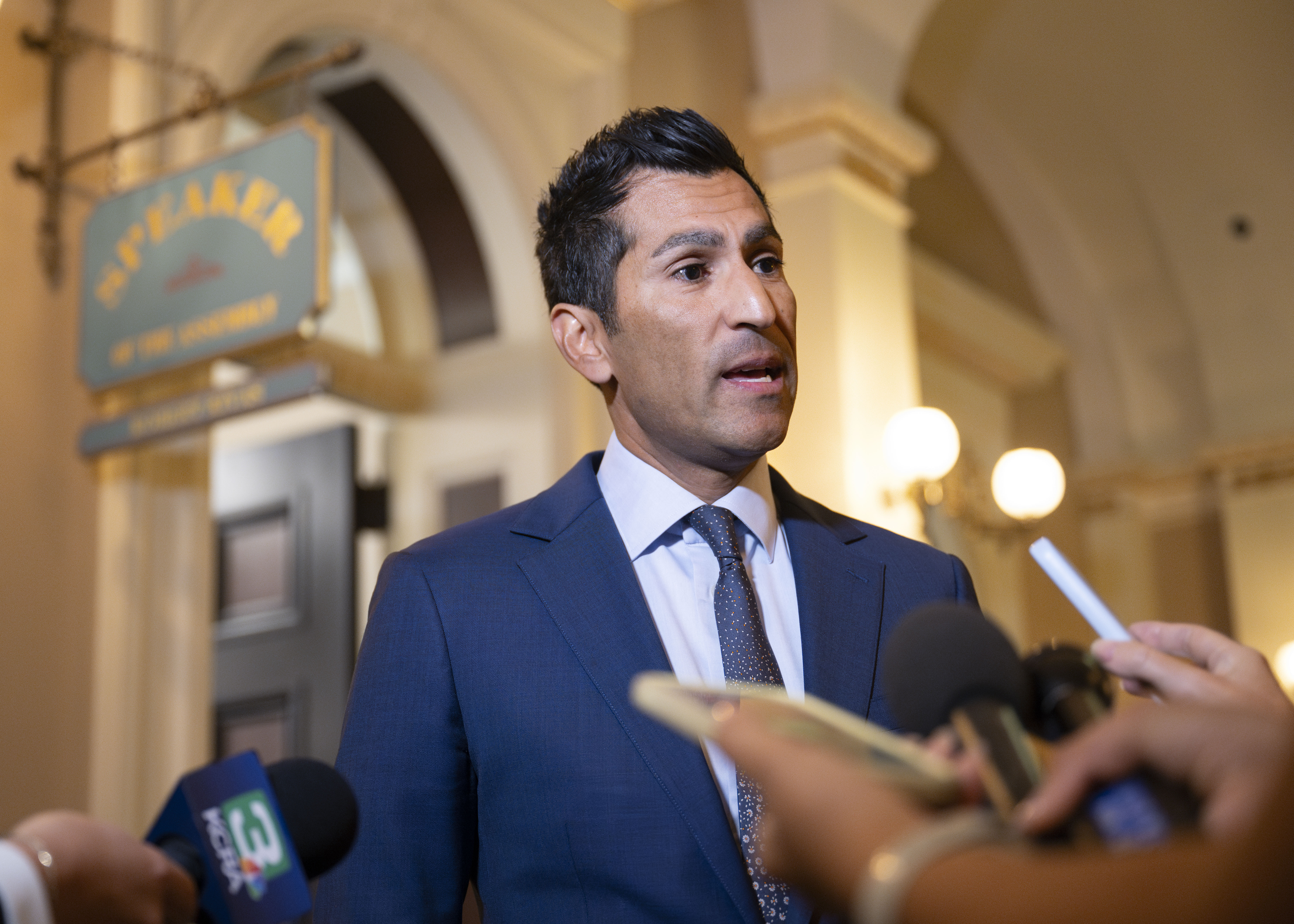 Speaker Rivas at a press availability in June