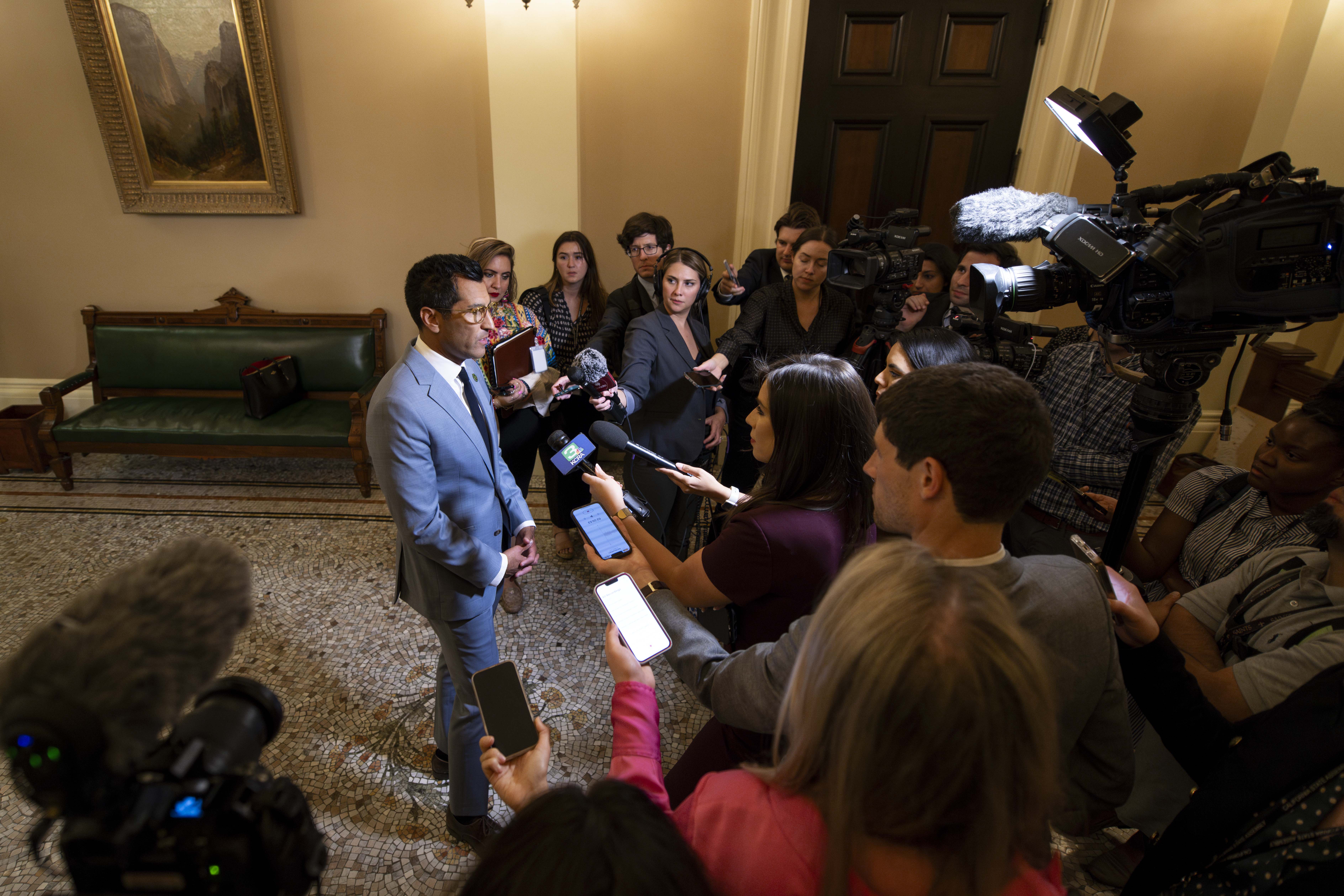 Speaker Rivas at a press gaggle in September 2023