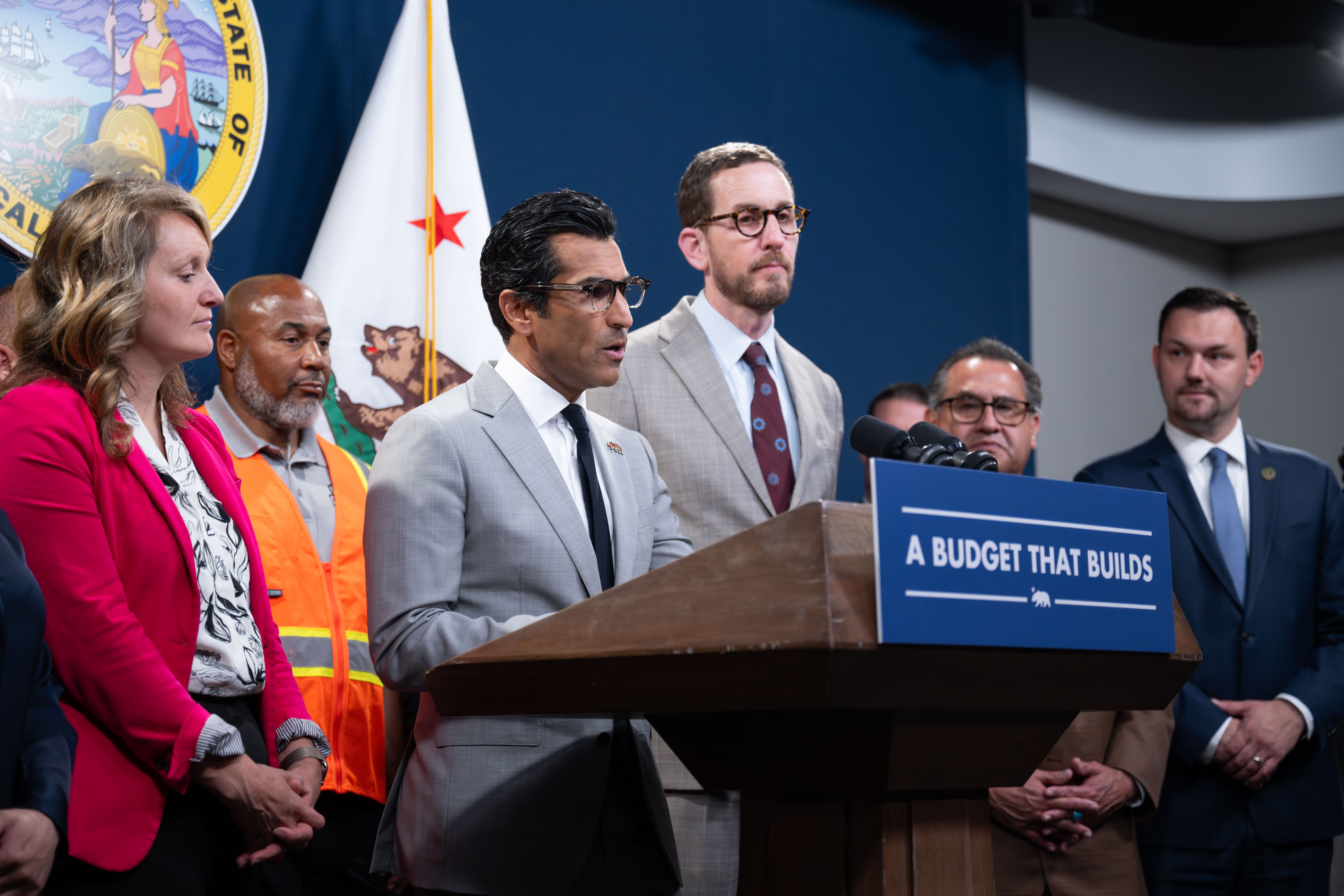 Speaker Rivas speaking at a press conference in June.