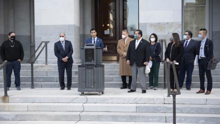 Asm. Robert Rivas speaking at a press conference on Native American curriculum