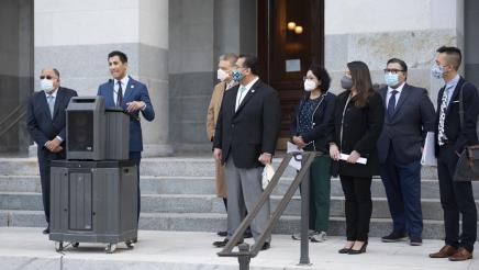 Asm. Robert Rivas speaking at a press conference on Native American curriculum