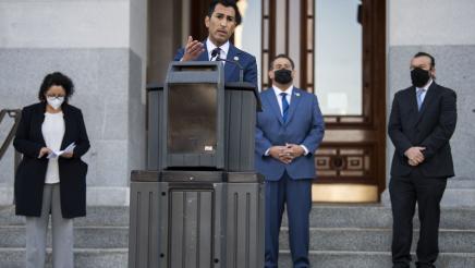 Asm. Robert Rivas speaking at a press conference on new clean water legislation
