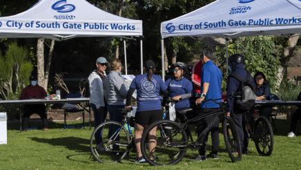 Participants gathered in front of City of South Gate Public Works booths
