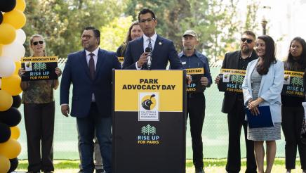 Asm. Robert Rivas speaking at a press conference on outdoor equity