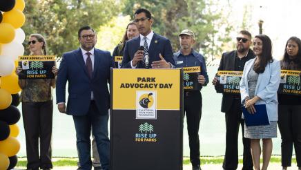 Asm. Robert Rivas speaking at a press conference on outdoor equity