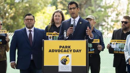 Asm. Robert Rivas speaking at a press conference on outdoor equity