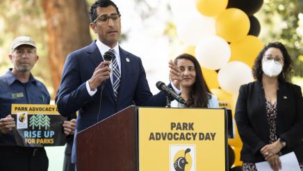Asm. Robert Rivas speaking at a press conference on outdoor equity