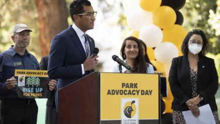 Asm. Robert Rivas speaking at a press conference on outdoor equity