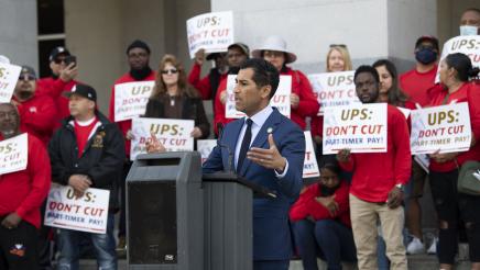 Asm. Robert Rivas speaking at a press conference in support of UPS Teamsters