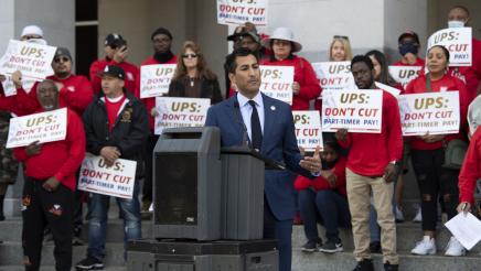 Asm. Robert Rivas speaking at a press conference in support of UPS Teamsters
