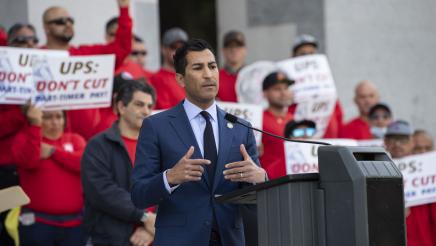 Asm. Robert Rivas speaking at a press conference in support of UPS Teamsters