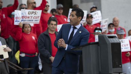 Asm. Robert Rivas speaking at a press conference in support of UPS Teamsters