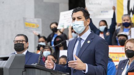 Asm. Robert Rivas speaking at a press conference on AB 2847