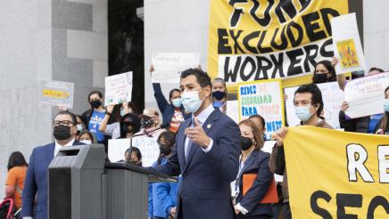 Asm. Robert Rivas speaking at a press conference on AB 2847