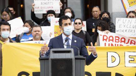 Asm. Robert Rivas speaking at a press conference on AB 2847