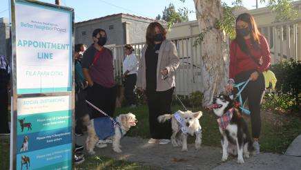 Constituents holding leashed dogs alongside appointment line sign