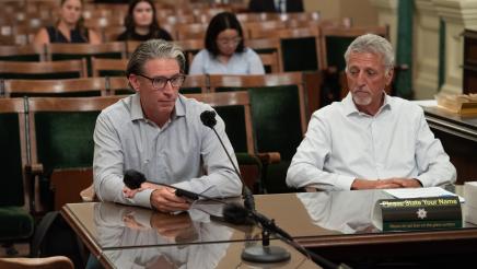 Tom Richards, Butte County Grass Fed Beef Rancher, and Blaine Carian, Vice President of Desert Fresh Inc., speak at a California Agricultural Competitiveness Hearing.