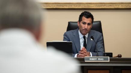 Assemblymember Robert Rivas listens to testimony at a California Agricultural Competitiveness Hearing.