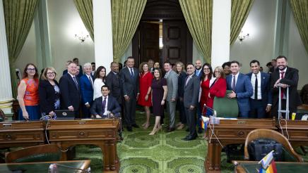 Speaker Robert Rivas and Senator Alex Padilla on the Assembly Floor