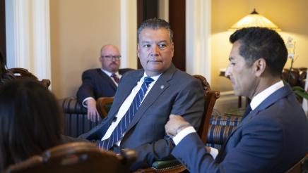 Speaker Robert Rivas and Senator Alex Padilla meeting in the Speaker's Office at the State Capitol