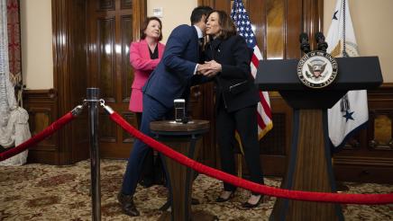 Speaker Rivas hugs Vice President Harris