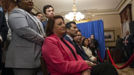 Speaker Rivas and Democratic Caucus listen to President Harris' remarks