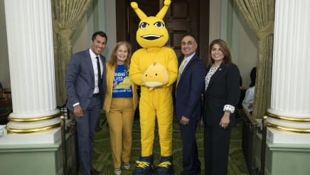 Speaker Rivas, Assemblymember Gail Pellerin, Sammy the Banana Slug, Assemblymember Ash Kalra, and Assemblymember Sharon Quirk-Silva