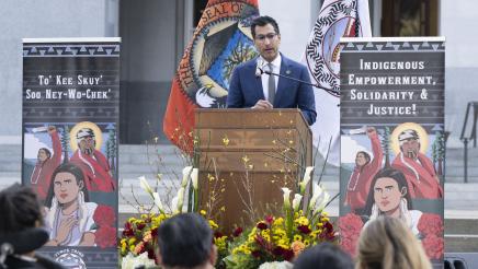 Speaker Rivas discusses justice for murdered and missing Indigenous people during a press conference