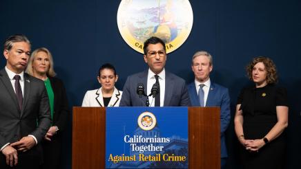Speaker Rivas, Attorney General Rob Bonta, Assemblymembers, and advocates at a press conference