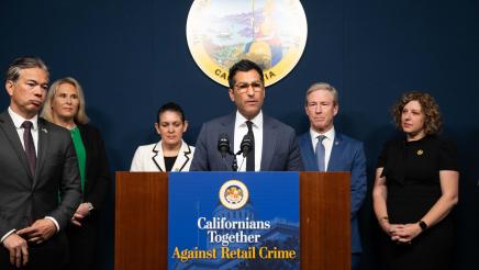 Speaker Rivas, Attorney General Rob Bonta, Assemblymembers, and advocates at a press conference