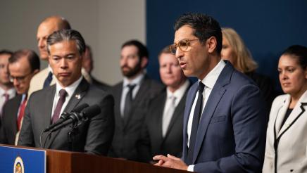 Speaker Rivas, Attorney General Rob Bonta, Assemblymembers, and advocates at a press conference