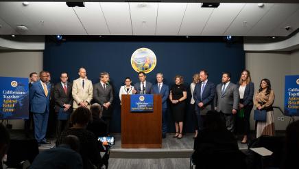 Speaker Rivas, Attorney General Rob Bonta, Assemblymembers, and advocates at a press conference