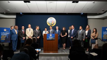 Speaker Rivas, Attorney General Rob Bonta, Assemblymembers, and advocates at a press conference