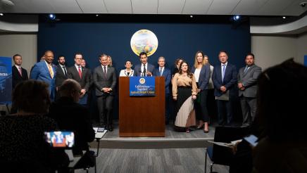 Speaker Rivas, Attorney General Rob Bonta, Assemblymembers, and advocates at a press conference