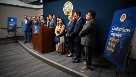 Speaker Rivas, Attorney General Rob Bonta, Assemblymembers, and advocates at a press conference