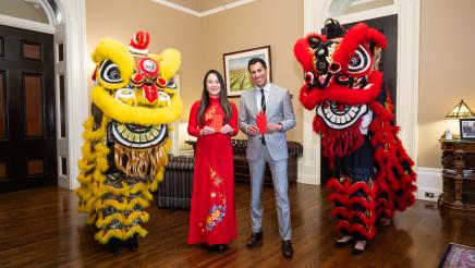 Speaker Rivas with Assemblymember Stephanie Nguyen and two dragons for Chinese New Year