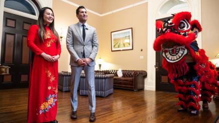 Speaker Rivas with Assemblymember Stephanie Nguyen and two dragons for Chinese New Year