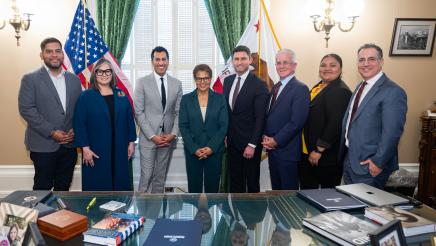 Speaker Rivas, Assemblymember Jesse Gabriel, Mayor Karen Bass, and Los Angeles City Councilmembers