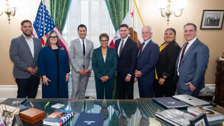 Speaker Rivas, Assemblymember Jesse Gabriel, Mayor Karen Bass, and Los Angeles City Councilmembers