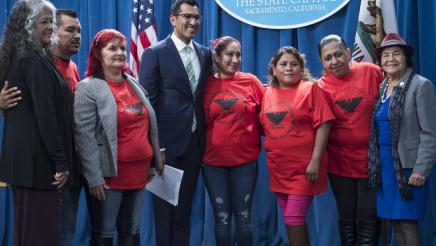Group photo with Assemblymember Rivas, Dolor Huerta and Teresa Romero